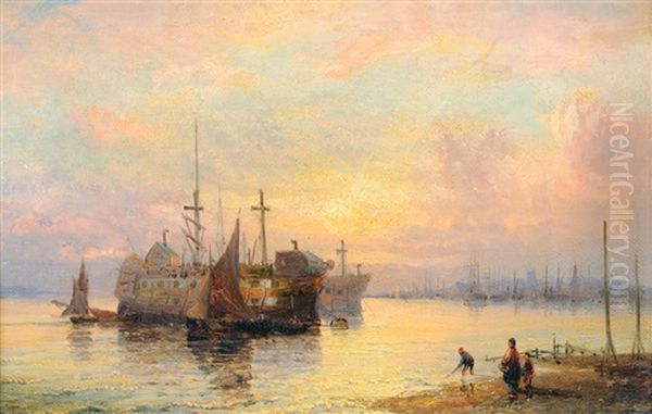 Prison Hulks And Fishing Boats In An Estuary Oil Painting by Charles Thornley