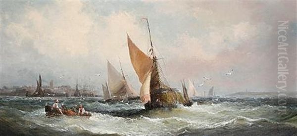 Fishing Boats On A Breezy Day Off A Coastal Town Oil Painting by Charles Thornley