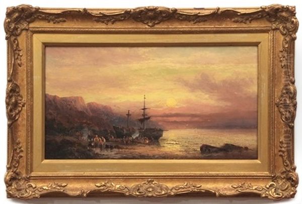 Coastal Scene With Fisher Folk At Sunset Oil Painting by Georges William Thornley