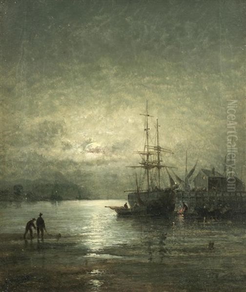 Moonlight On The Thames Near Benfleet', And Another Shipping Scene Possibly Off Dover; A Pair (2) Oil Painting by Georges William Thornley