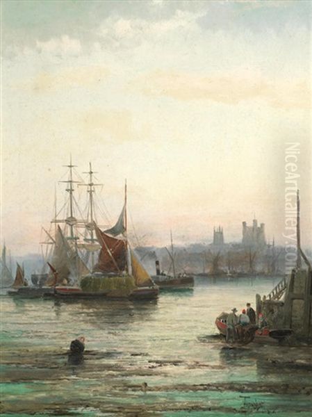 Rochester From Strood And One Other Shipping Scene; A Pair (2) Oil Painting by Georges William Thornley