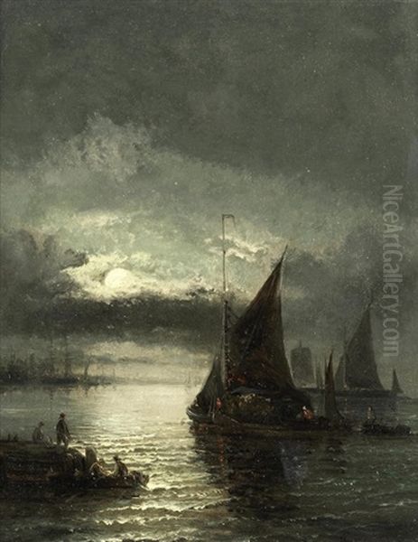 Night Shipping Oil Painting by Georges William Thornley