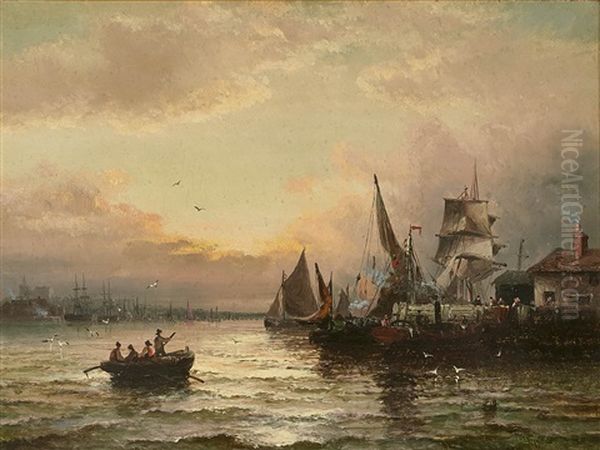 Night And Evening Atmosphere In A Harbour (pair) Oil Painting by Georges William Thornley