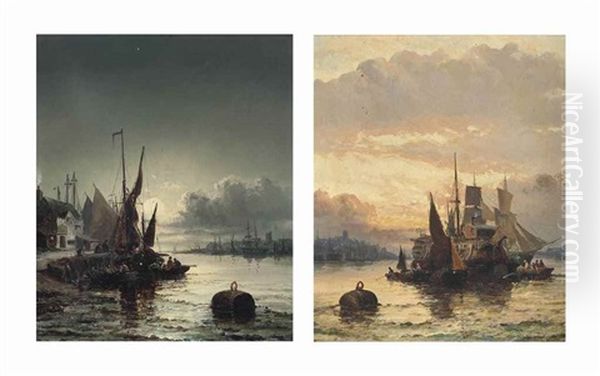 A Prison Hulk And Other Shipping On The Medway At Dusk; And The River Orwell By Moonlight (2 Works) by Georges William Thornley