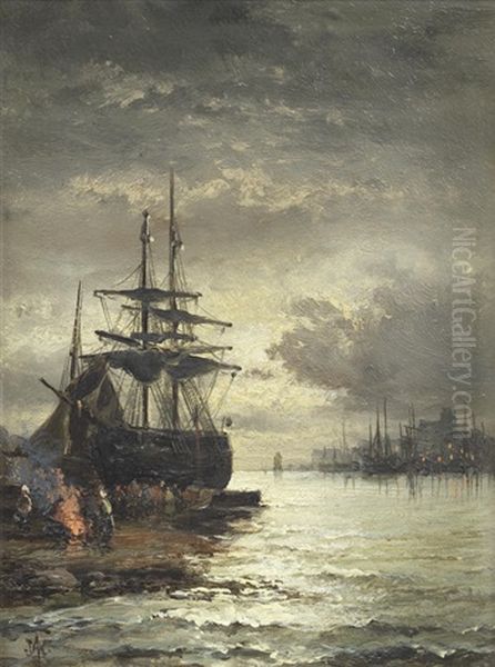 Moonlight Over The Thames; Paddlesteamer On The Thames, A Pair (2) Oil Painting by Georges William Thornley