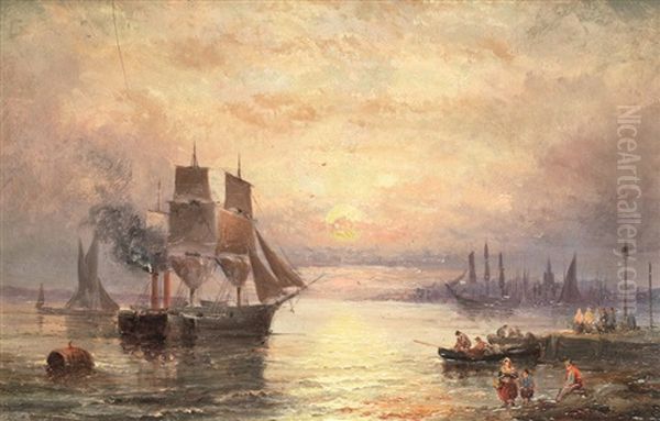 'a Misty Morning, Blackwall Reach'; Sunset Across The Harbour Oil Painting by William (Anslow) Thornley