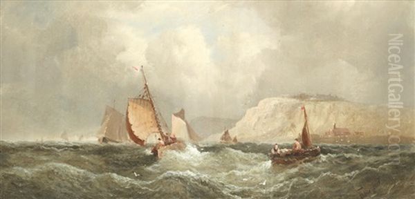 Fishing Boats In Choppy Waters; Shipping Near The Coast At Dusk Oil Painting by William (Anslow) Thornley