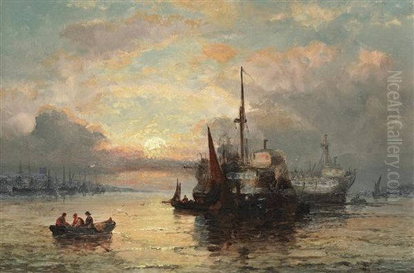 Fisherfolk On The Shore, Sunrise; Shipping Off The Coast, Sunset Oil Painting by William (Anslow) Thornley