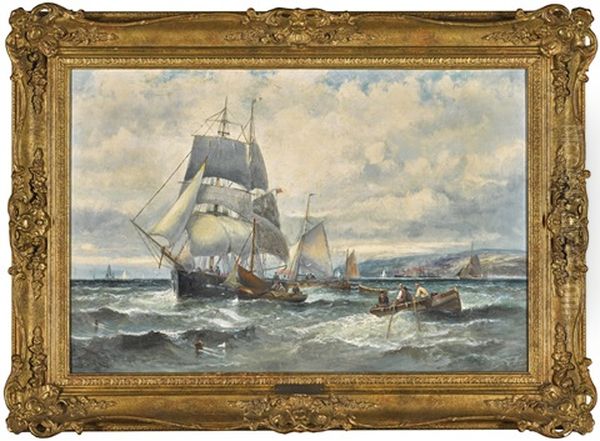 Shipping Off A Coastal Town Oil Painting by William (Anslow) Thornley