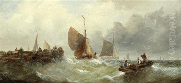 Shipping In Rough Waters Off A Jetty Oil Painting by William (Anslow) Thornley