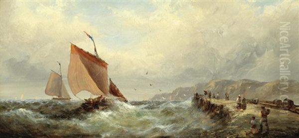 Shipping On A Blustery Day With Fisherfolk On A Jetty Looking On Oil Painting by William (Anslow) Thornley