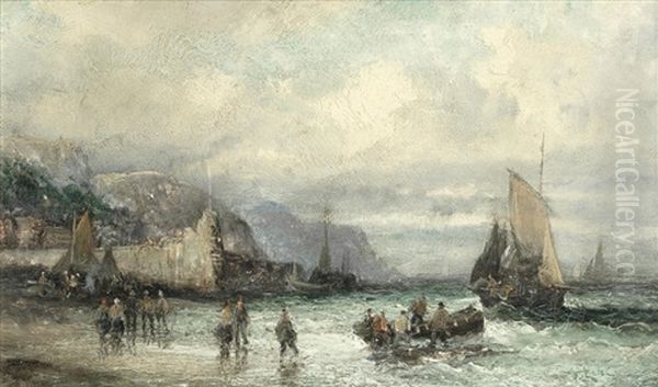 Fisherman And Boats In A Harbour; A Moonlit Harbour Scene Oil Painting by William (Anslow) Thornley