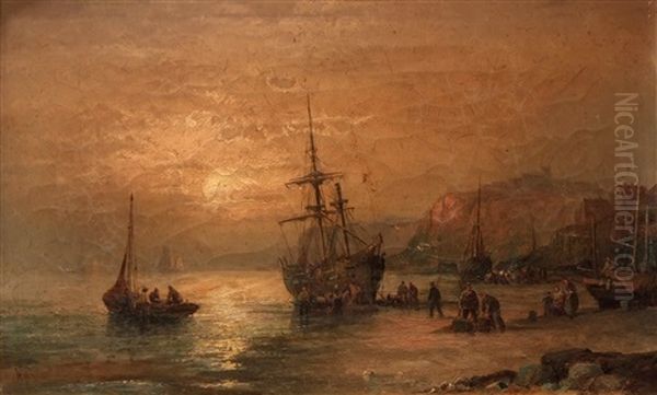 Coastal Scene With Fisherfolk Oil Painting by William (Anslow) Thornley