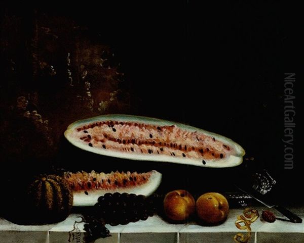 Still Life With Watermelon, Grapes And Peaches Oil Painting by Thomas Bangs Thorpe