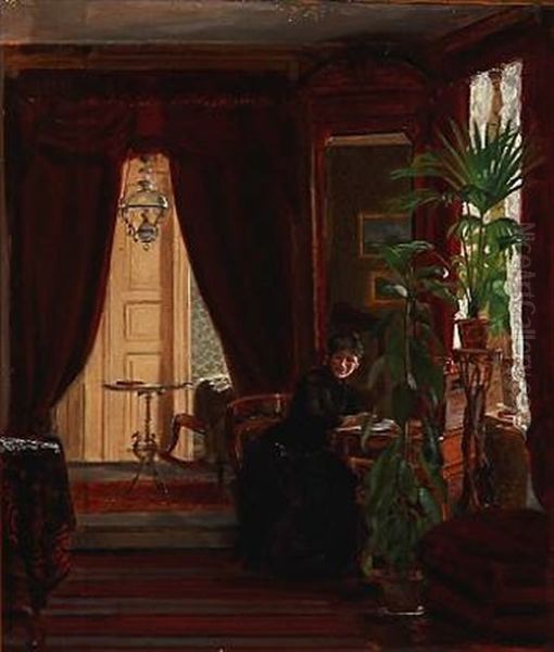 Interior With A Woman Writing Letters Oil Painting by Christian (Jens C.) Thorrestrup