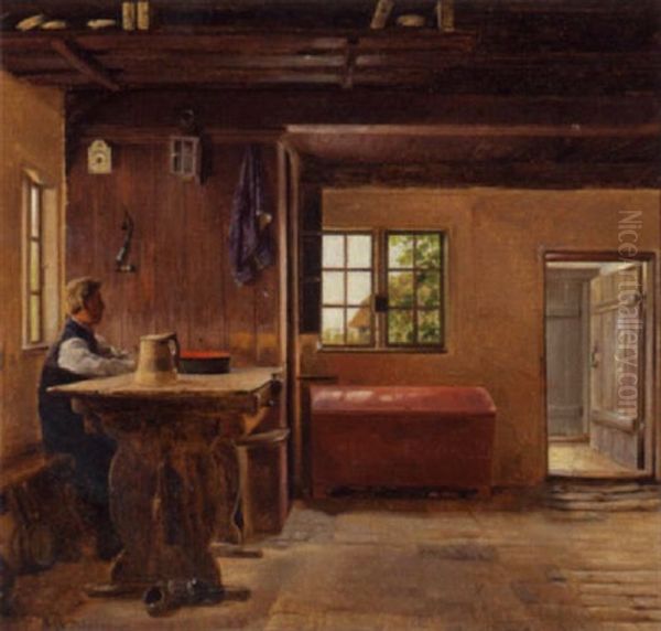 Almueinterior Med Mand Siddende Ved Et Bord Oil Painting by Christian (Jens C.) Thorrestrup