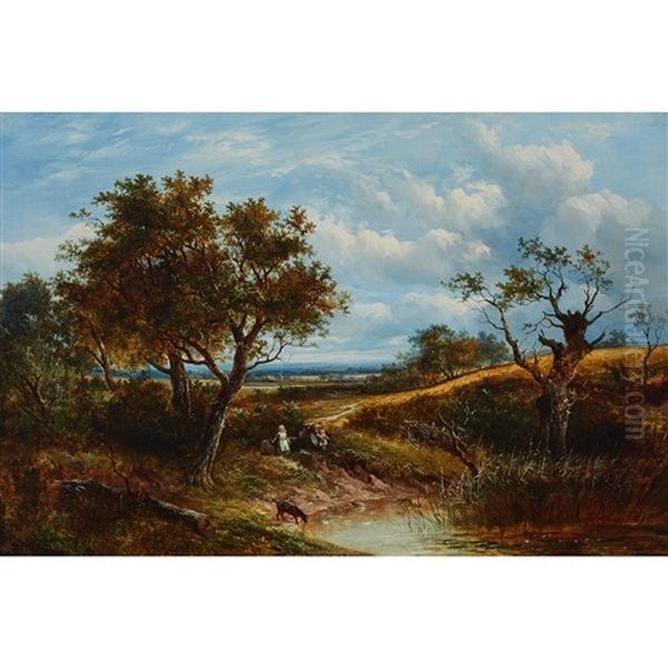 Mother And Young Children In An Extensive River Landscape Oil Painting by Joseph Thors