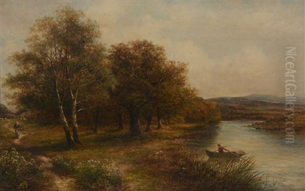 Country Pathway With A Figure And A Gentleman Rowing A Boat by Joseph Thors