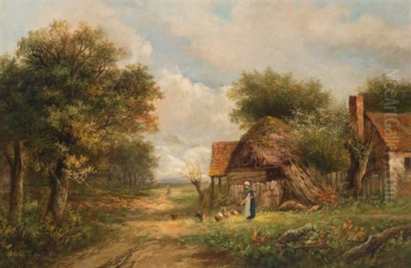 Near Stratford On Avon (feeding Chickens) Oil Painting by Joseph Thors