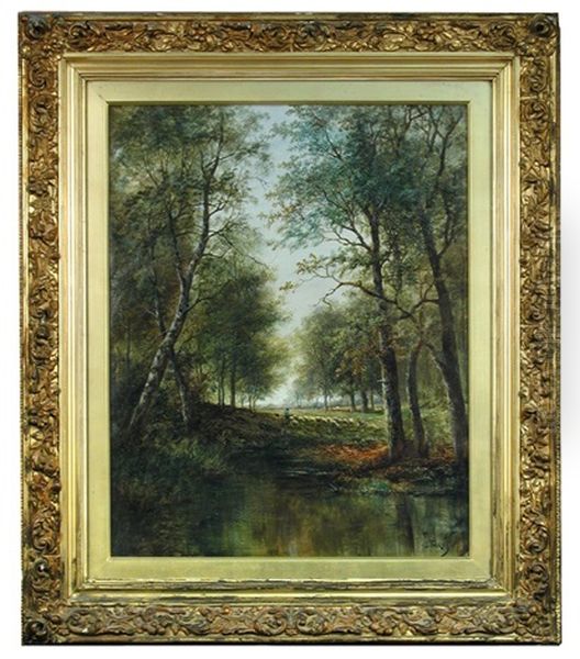 Landscape With A Shepherd And Sheep In A Woodland Clearing Oil Painting by Joseph Thors