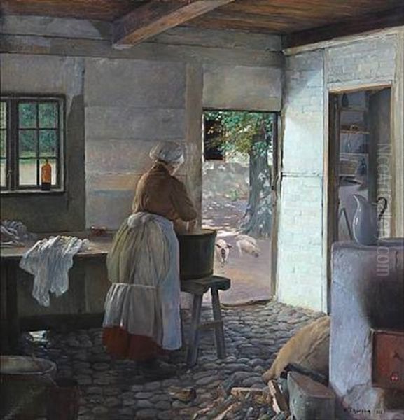 Farm Interior With A Woman Washing Clothes by Hakon Thorsen