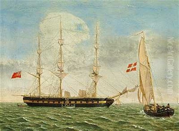 Marine Med Orlogsfartoj Med Engelsk Flag Oil Painting by Hans Peter Thorsoe