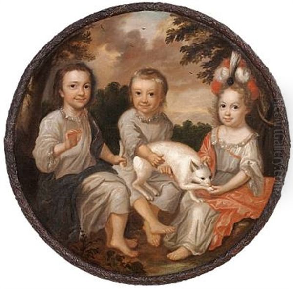 Three Siblings Of The Gyldenkrone Family Playing With A Cat Oil Painting by Jens Thrane the Younger