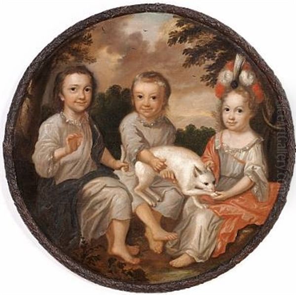 Three Siblings Of The Gyldenkrone Family Playing With A Cat Oil Painting by Jens Thrane the Younger