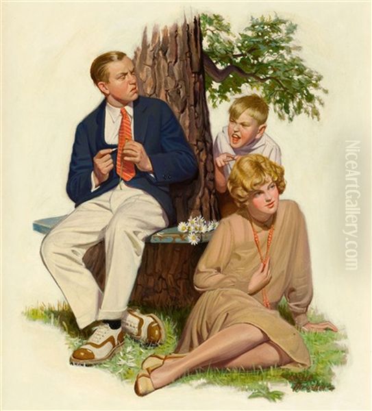 Three Siblings Of The Gyldenkrone Family Playing With A Cat Oil Painting by Leslie Thrasher