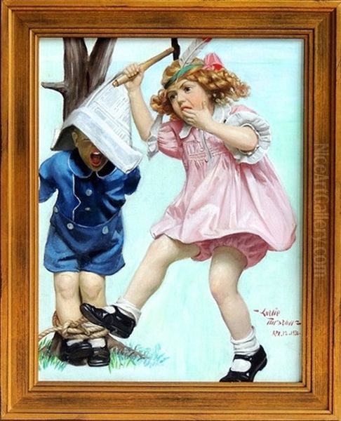 Three Siblings Of The Gyldenkrone Family Playing With A Cat Oil Painting by Leslie Thrasher