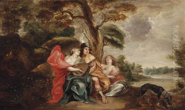 A Pastoral Landscape With An Elegant Company Making Music Oil Painting by Theodor Van Thulden