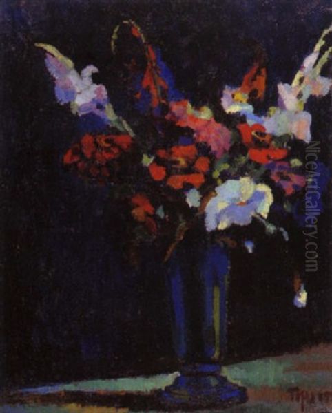 Gladiolen Und Anemonen In Blauer Vase Oil Painting by Erich Thum