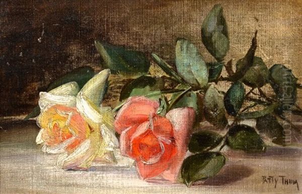 Still Life With Two Roses Oil Painting by Patty Prather Thum