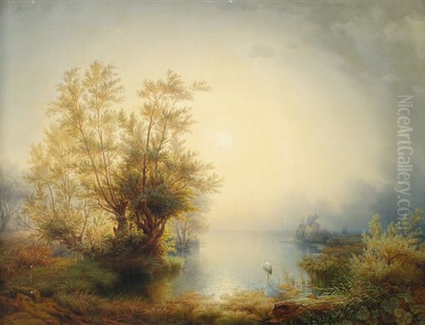 Seelandschaft Mit Reiher Am Fruhen Morgen Oil Painting by Friedrich Thurau