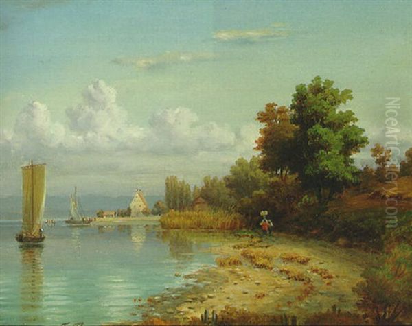 A Summer River Landscape Oil Painting by Friedrich Thurau