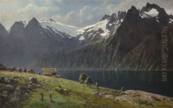 Fjordlandskap Med Folkeliv Oil Painting by Peder Thurmann