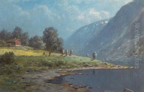 Norsk Fjordparti Med Hytte Ved Vandet Oil Painting by Peder Thurmann