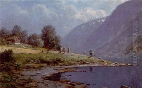 Norsk Fjordparti Med Hytte Ved Vandet Oil Painting by Peder Thurmann