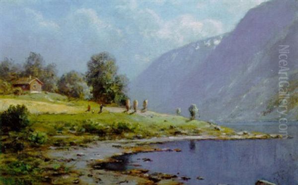 Norsk Fjordparti Med Hytte Ved Vandet Oil Painting by Peder Thurmann