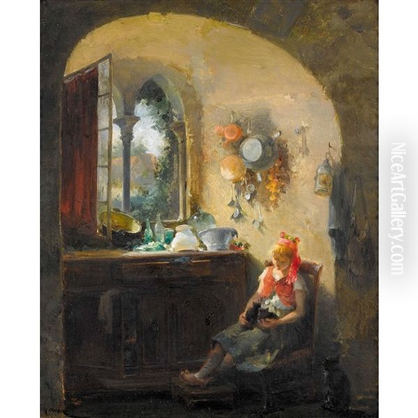 Madchen Mit Zwei Katzchen Am Offenen Fenster Oil Painting by Gabriel Edouard Thurner