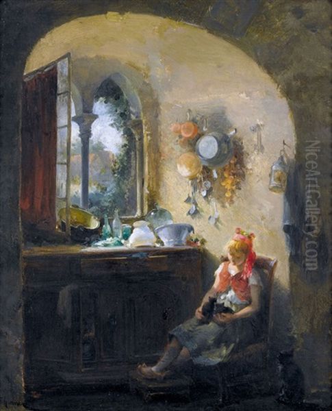 Madchen Mit Zwei Katzchen Am Offenen Fenster Oil Painting by Gabriel Edouard Thurner