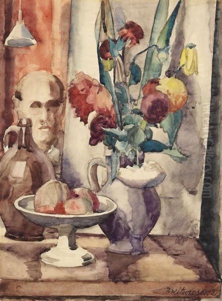 Stillleben Mit Blumenvase Und Obstschale Oil Painting by Georg Breitwieser