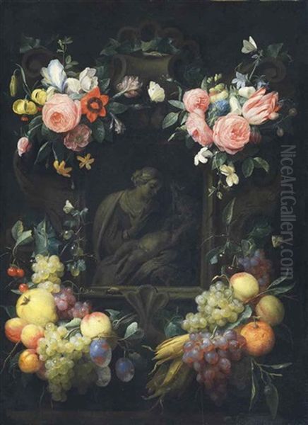 Vierge A L'enfant Dans Une Niche Entouree D'une Guirlande De Fleurs Et Fruits Oil Painting by Gysbrecht Thys