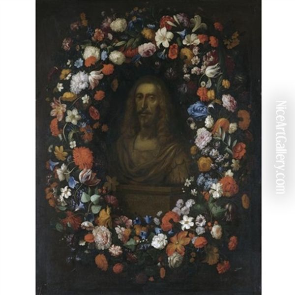 A Stone Bust Portrait Of Erzherzog Leopold Wilhelm Of Austria Surrounded By A Garland Of Flowers Oil Painting by Pieter Thys