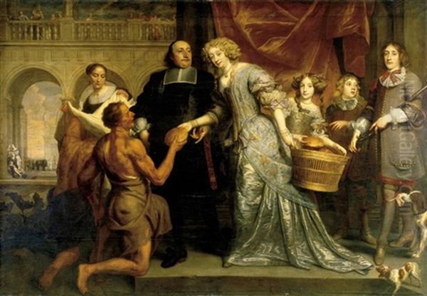 Portrait Of An Almoner With His Wife And Children As An Allegory Of Charity Oil Painting by Pieter Thys