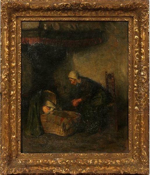 Mother With Child In Basket Crib Oil Painting by Carolus Johannes Thysen