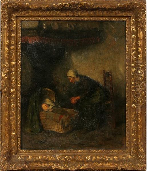 Mother With Child In Basket Crib Oil Painting by Carolus Johannes Thysen