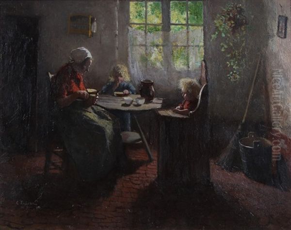 Mother And Children Sitting At A Table Oil Painting by Carolus Johannes Thysen