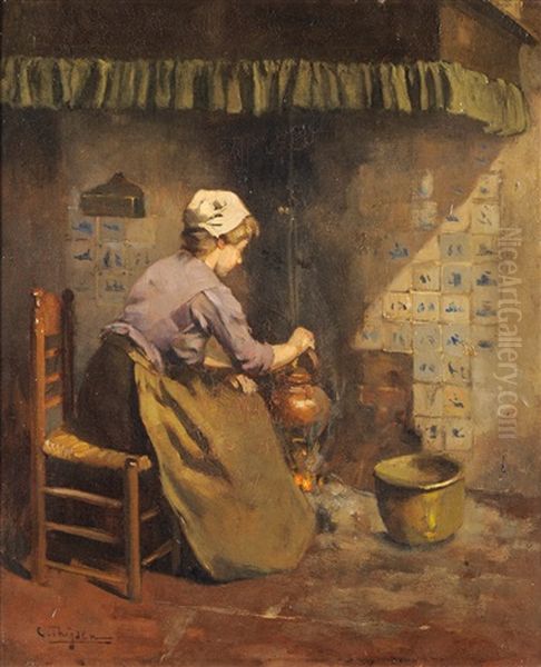 Interior Scene With A Girl Seated Beside A Fireplace Boiling A Kettle Oil Painting by Carolus Johannes Thysen