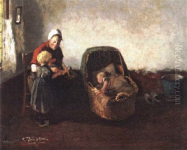 Mother And Children In A Cottage Interior Oil Painting by Carolus Johannes Thysen